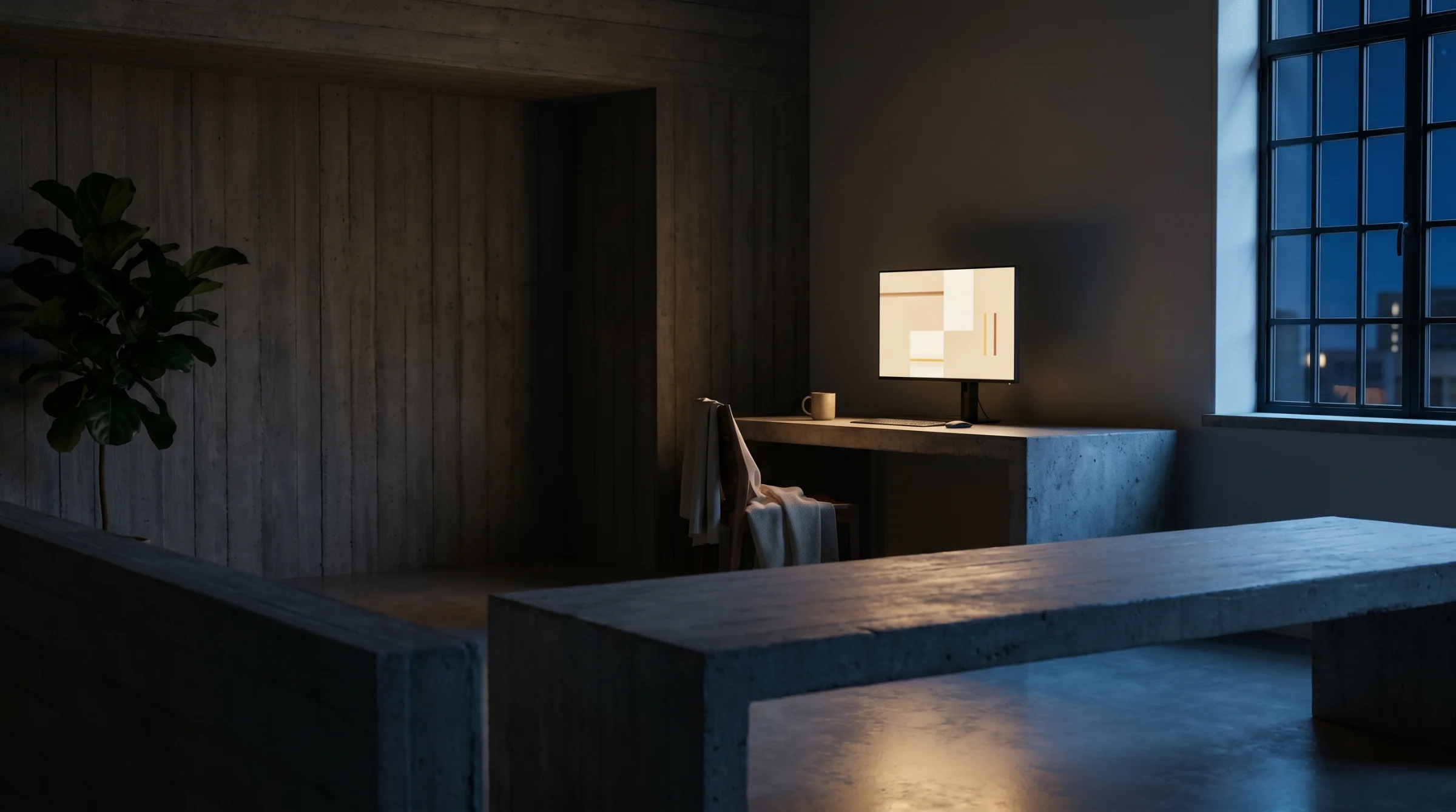 A dark quiet studio at night — a single monitor glowing softly with warm cream geometric shapes, an empty chair with a folded blanket draped over it pulled back from a concrete desk, a fiddle-leaf fig silhouetted in the left corner, cool blue moonlight through a tall Crittall window on the right