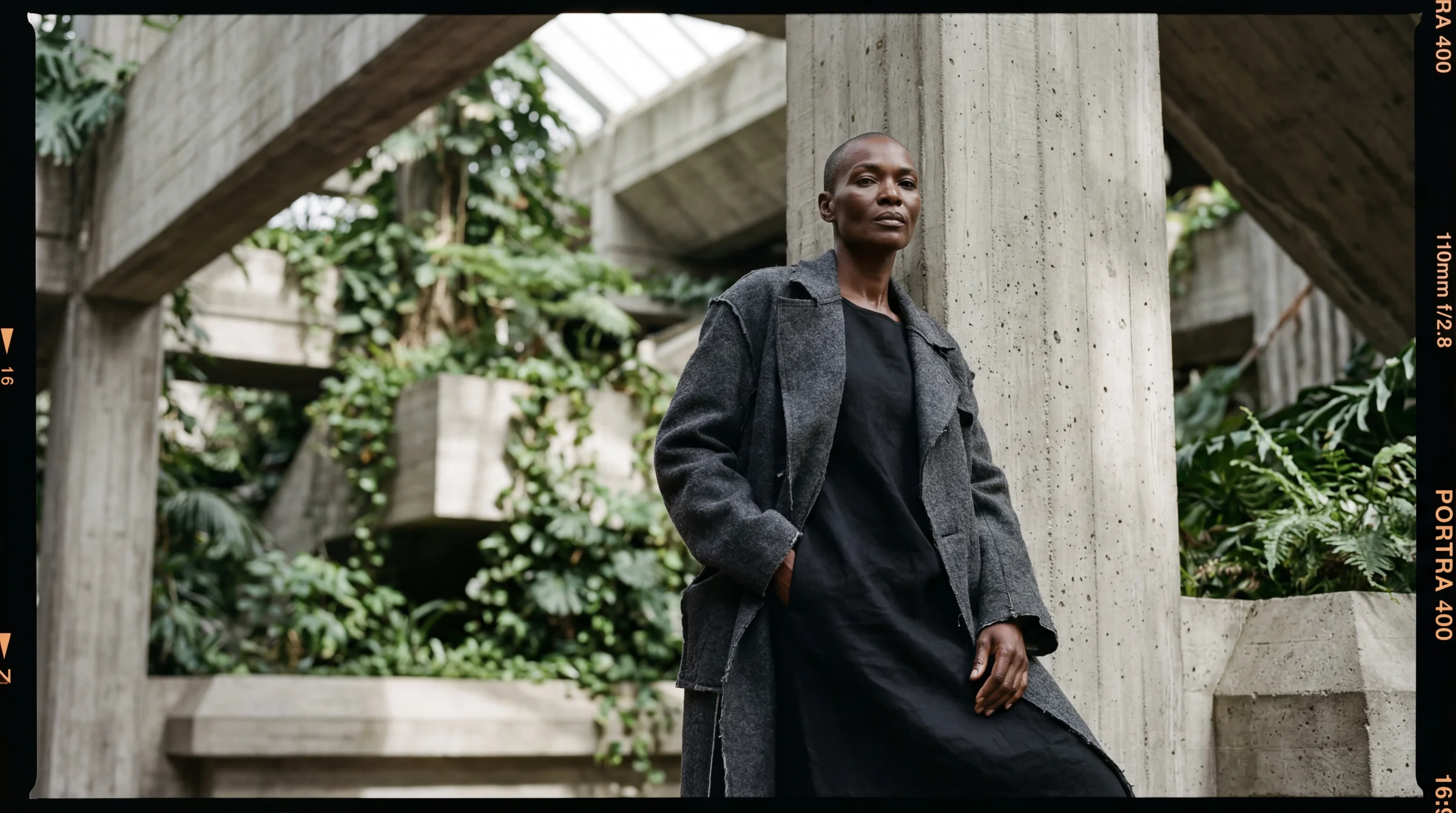 The first breakthrough. "Set in biophilic brutalist architecture" — loose, no specific space prescribed. The model chose a concrete corridor with a slit window and a monstera at the end. This was the moment the aesthetic clicked.