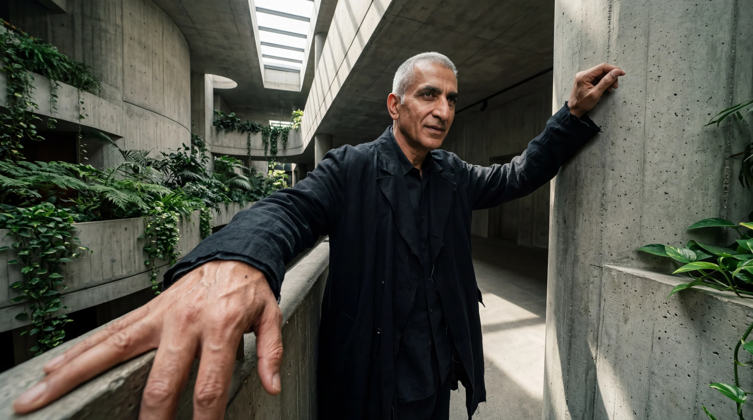 16mm — "describe what the distortion does." Hands exaggerated large in the near foreground, body recedes, the space behind stretches dramatically. This finally fired as actual wide-angle optics.