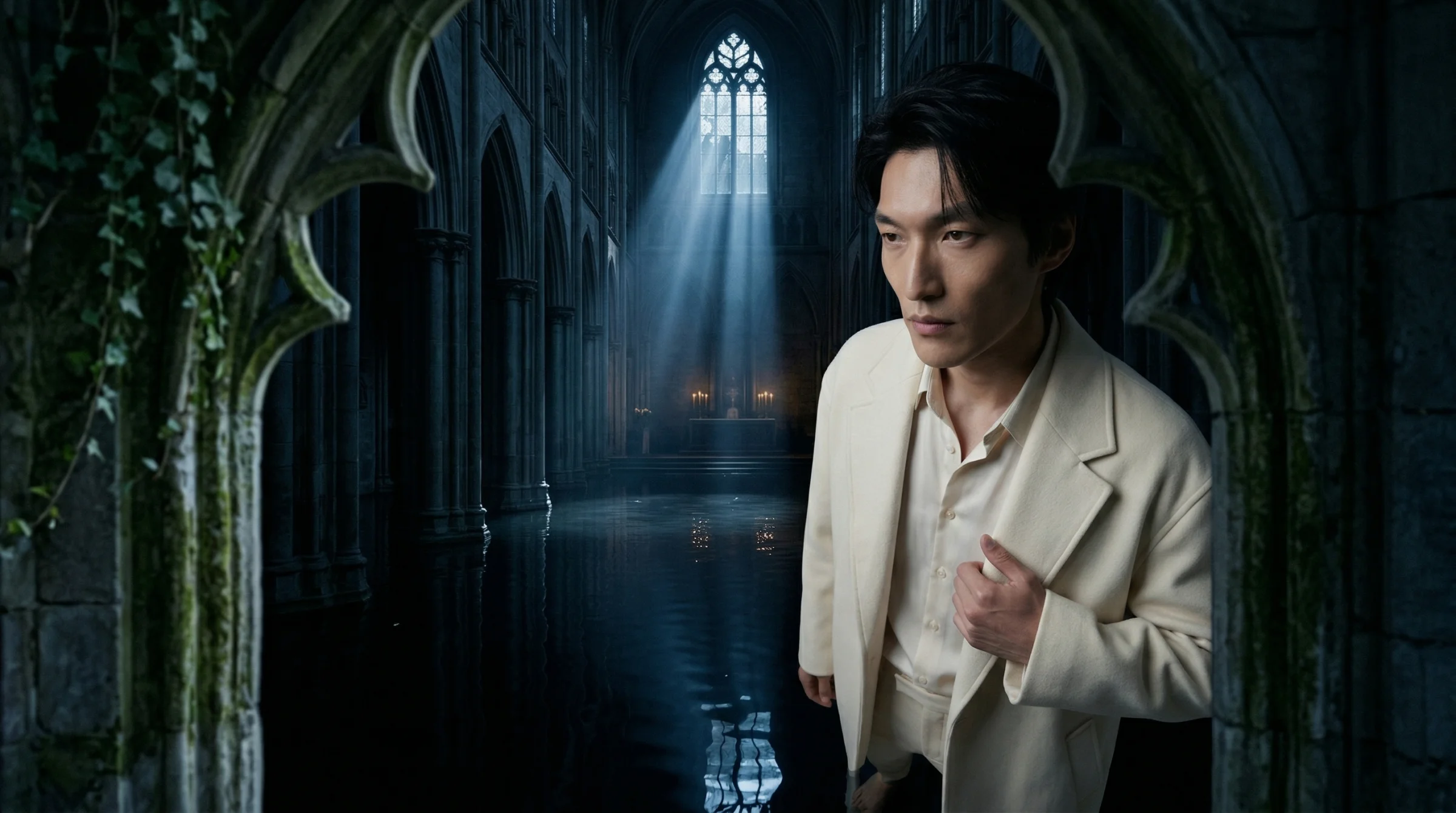 The first cathedral iteration. Ten blocks. The framing partly fired — you can see the arches trying to frame him, a sense of layered depth, subject pushed off to the right — but his face is wrong. Look at how clean it is. Look at the soft key light wrapping his cheek from a source that does not exist in the scene. He is not lit by the cathedral. He has been pasted onto it.