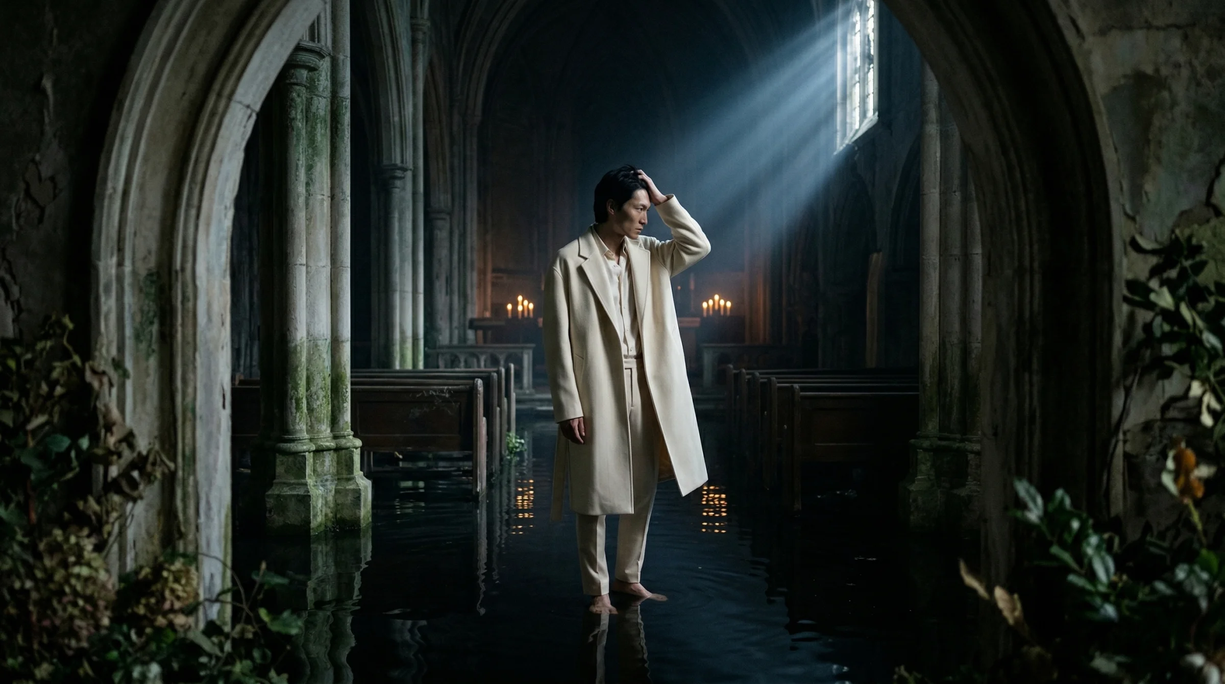 The second cathedral iteration. Same ten blocks, lighting rewritten harder, close-ups banned. The face is better integrated now — skin falling into the same shadow as the stone, moonlight catching the raised hand. The lighting is what I asked for. But look at the composition: the shoot-through has become a symmetric arch-vignette — foliage at both lower corners, arches flanking him on both sides — rather than the deliberate single-foreground, off-axis composition the framing block is supposed to produce. He is almost in the middle. The block has gone quiet.